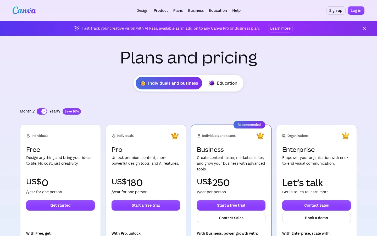 Canva's plans, billed yearly. Note the banner: the AI Pass is sold as a separate add-on to Pro and Business, so the plan price is not the AI price.