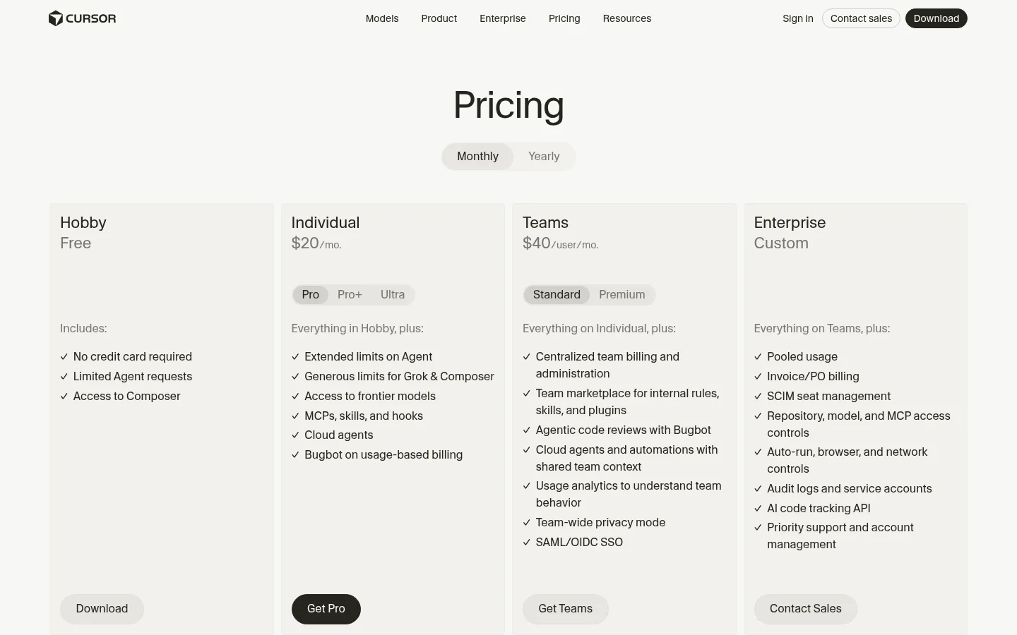 Cursor's monthly pricing: a free Hobby tier, $20/month for individuals and $40/user/month for teams.