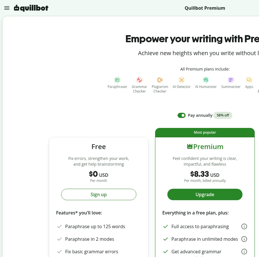QuillBot Premium at $8.33/month billed annually, next to the free plan's 125-word paraphrase cap.