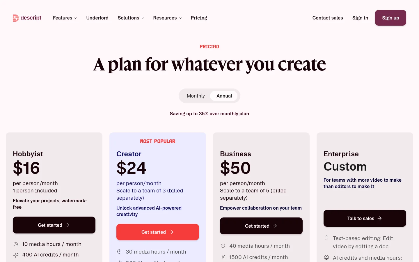 Descript's annual pricing. Note the AI credit allowance per tier — 400/month on Hobbyist versus 1,500 on Business — which is what actually runs out.