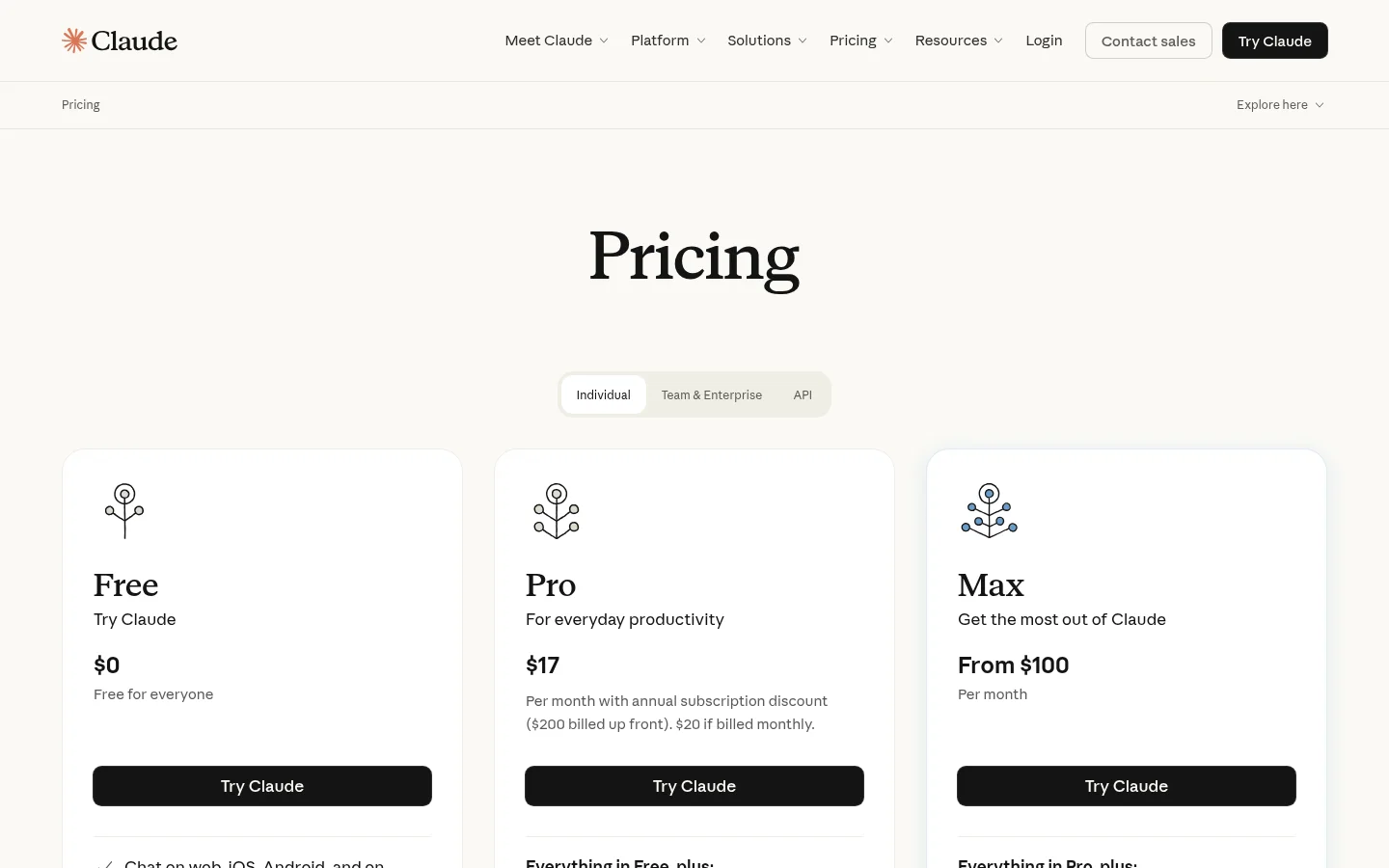 Claude's pricing page: Pro is $17/month on annual billing ($200 up front) and $20 if billed monthly — most articles quote only the monthly rate.