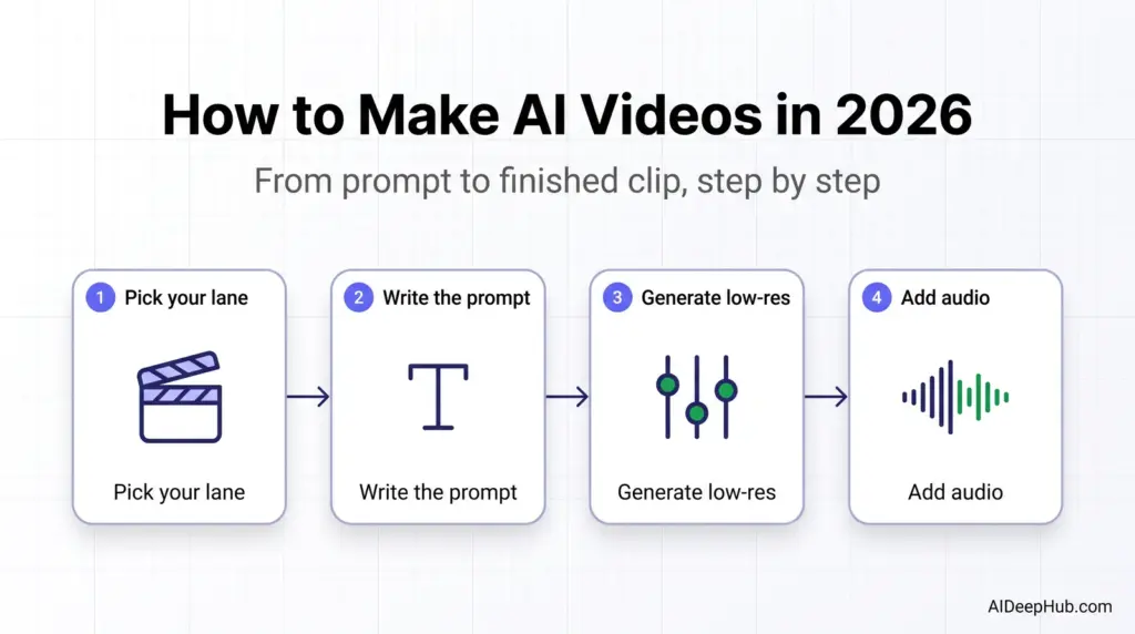 How to make AI videos in 2026 — step-by-step workflow from prompt to finished clip