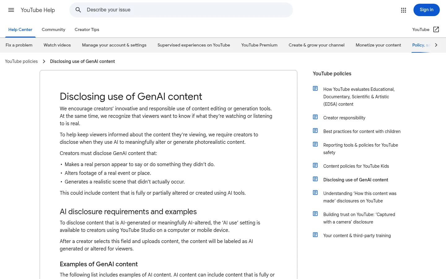 YouTube's GenAI disclosure policy — creators must label realistic AI-generated or AI-altered content, via the 'AI use' setting in YouTube Studio.