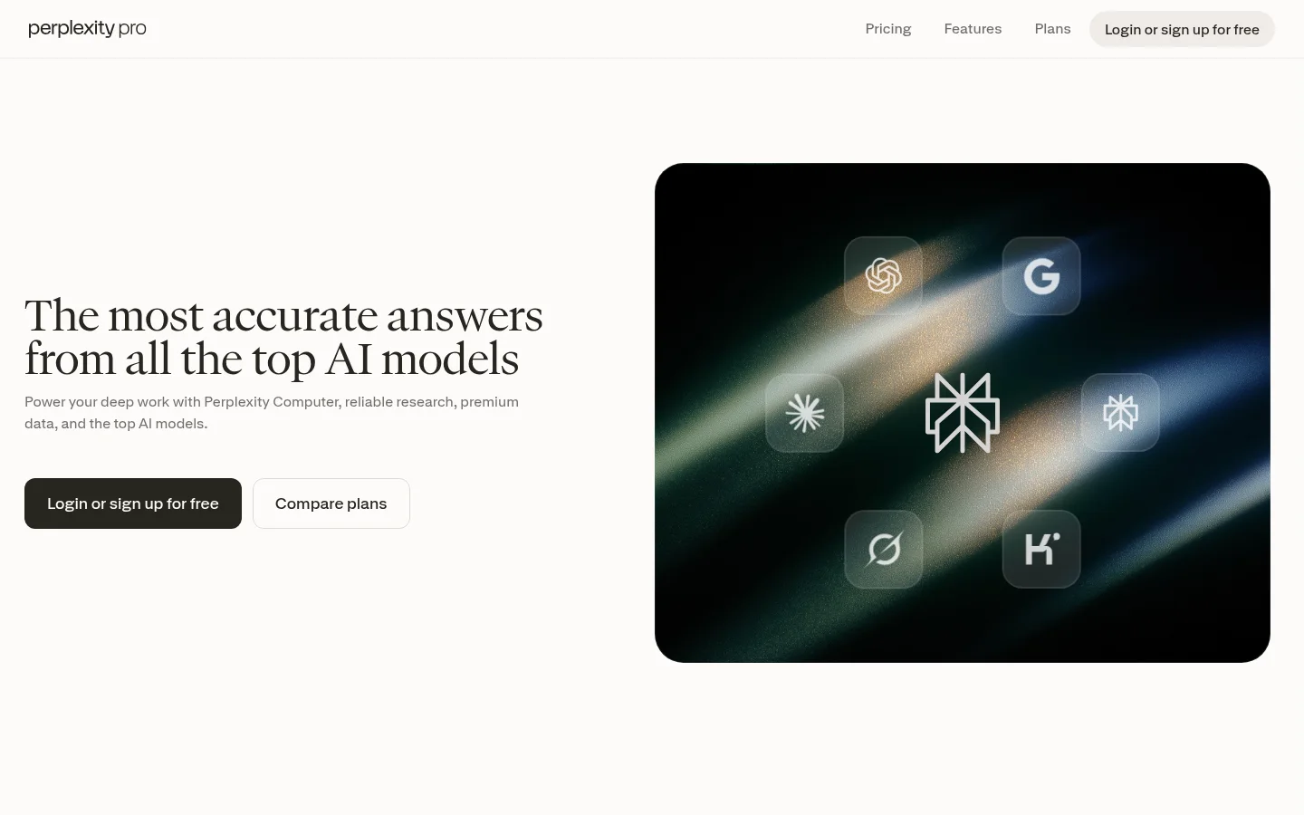 Perplexity's Pro landing page markets multi-model access rather than a price — the figure only appears once you reach the Plans screen.