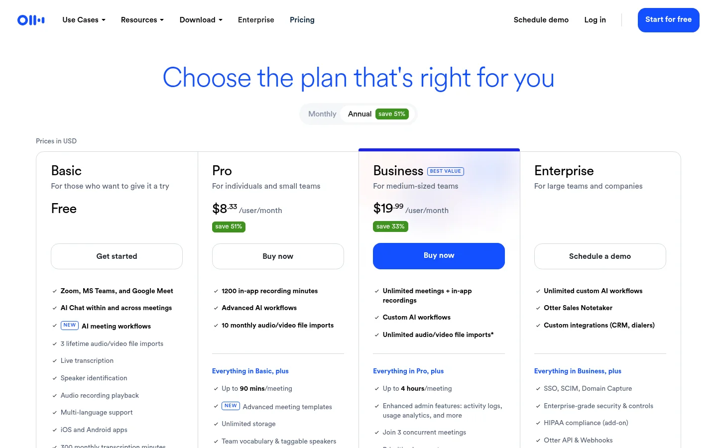 Otter's annual pricing: Pro at $8.33 and Business at $19.99 per user/month, with the free Basic plan's limits listed in the left column.