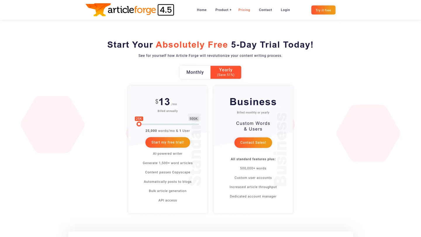 Article Forge pricing page showing the Standard plan at $27 per month billed monthly or $13 per month billed annually for 25,000 words, captured 10 August 2026