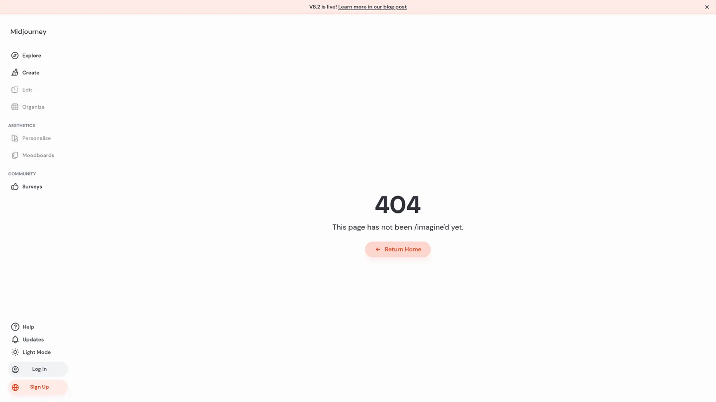 The midjourney.com/pricing URL rendering a 404 page that reads This page has not been imagined yet, captured 10 August 2026