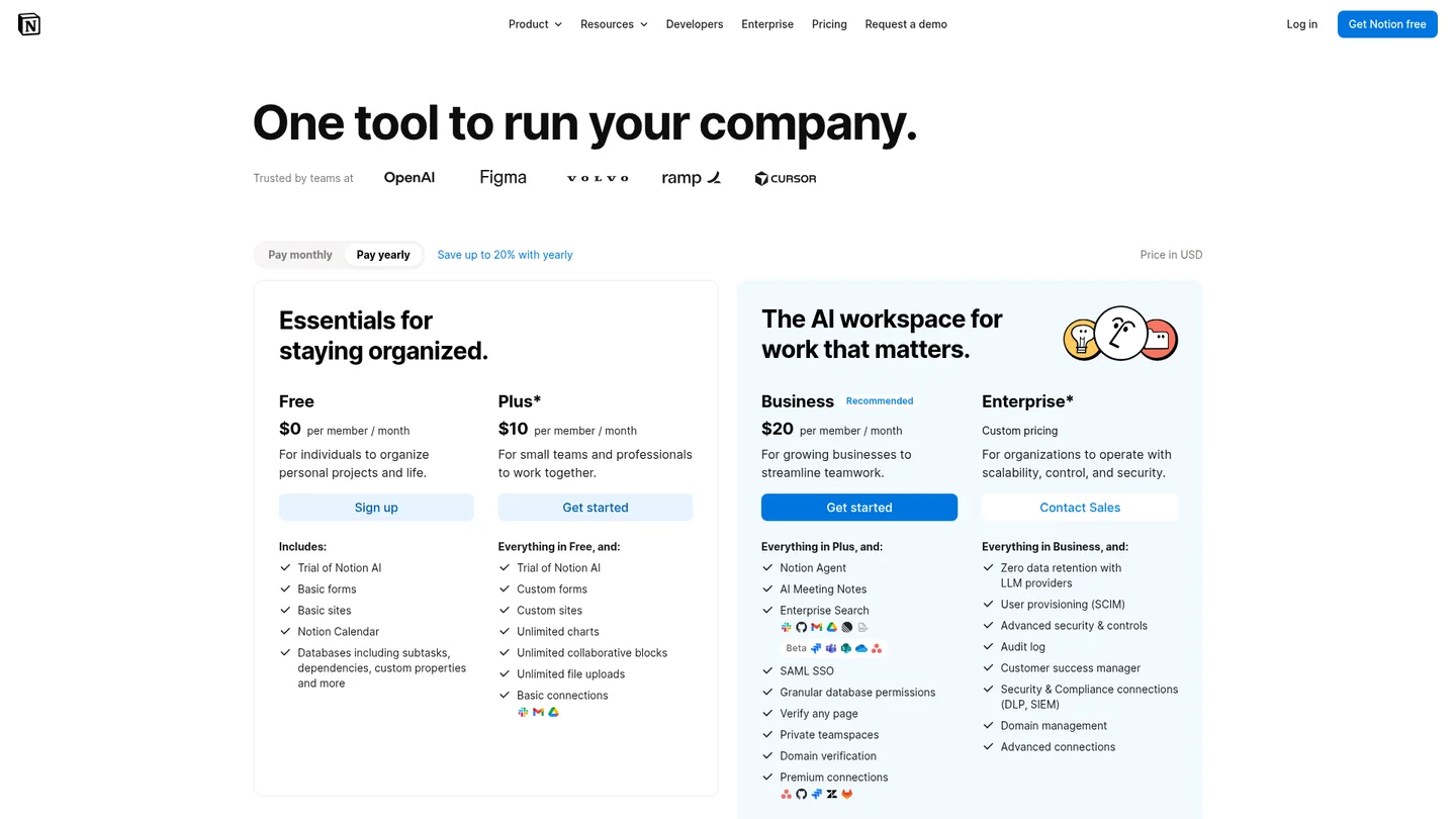 Notion pricing page showing Free and Plus limited to a trial of Notion AI, with Notion Agent and AI Meeting Notes starting on the Business plan at $20 per member per month, captured 10 August 2026