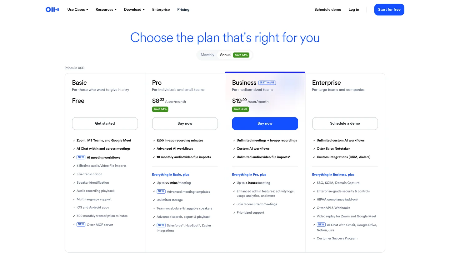 Otter.ai pricing page showing Pro at $8.33 per user per month and Business at $19.99 on annual billing, captured 10 August 2026