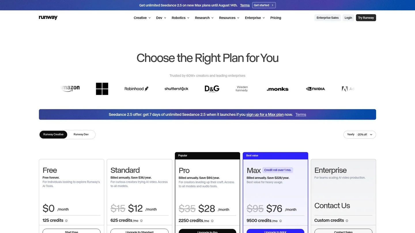 Runway pricing page on yearly billing showing Standard at $12 per month for 625 credits, Pro at $28 for 2250 credits and Max at $76 for 9500 credits, captured 10 August 2026